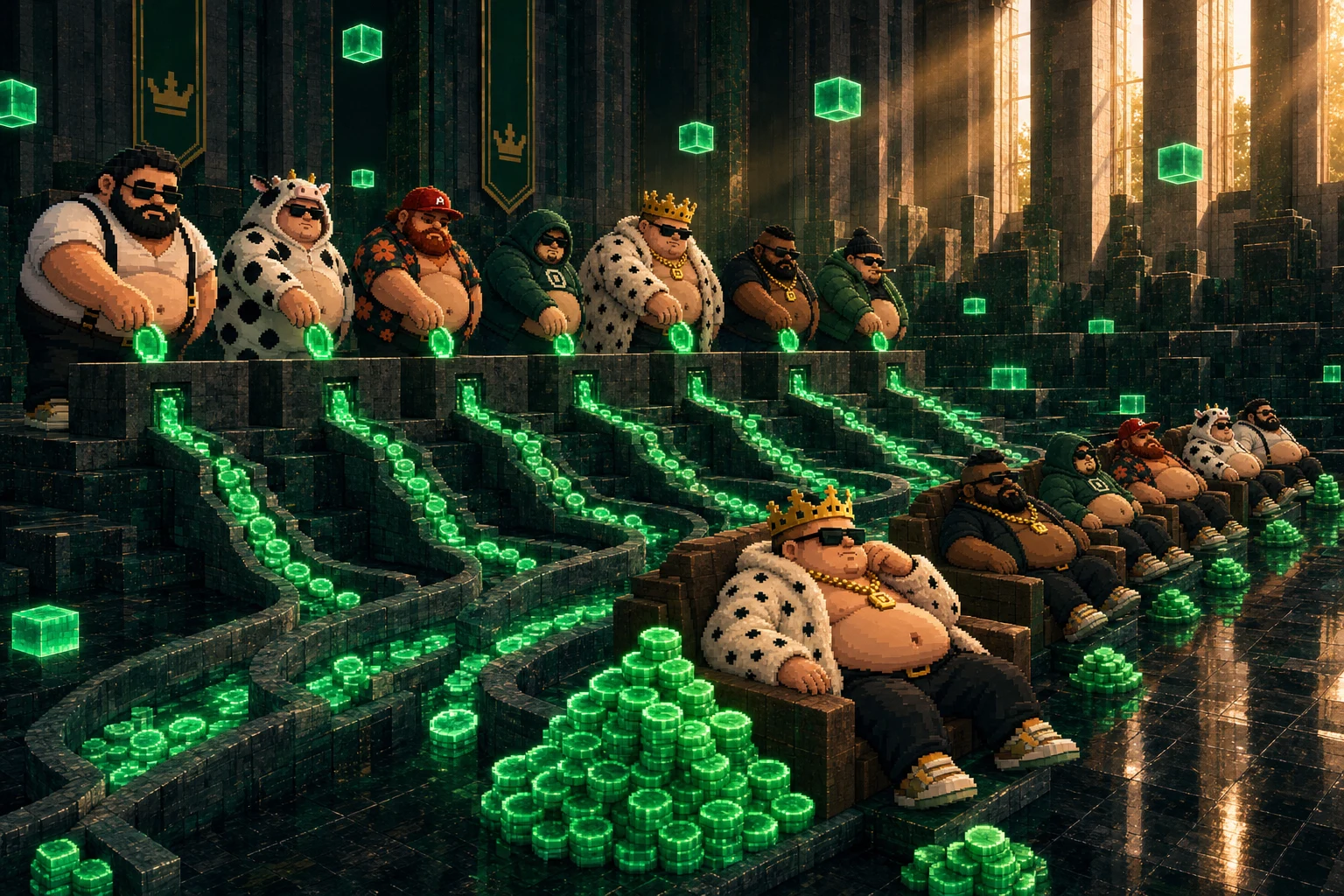 A row of newly arrived Fats dropping green coins into stone channels that roll down to older Fats lounging in armchairs beside growing piles.