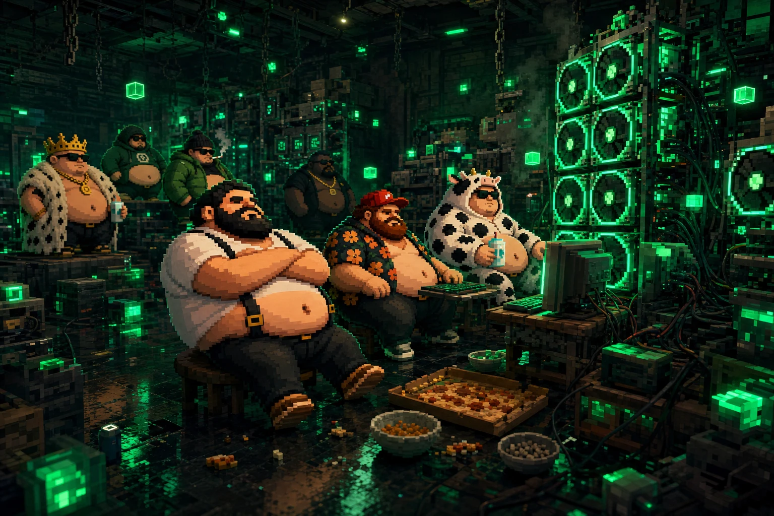 Three Fats slumped in front of home-built GPU rigs in a green-lit basement, snack bowls and a pizza box on the floor.